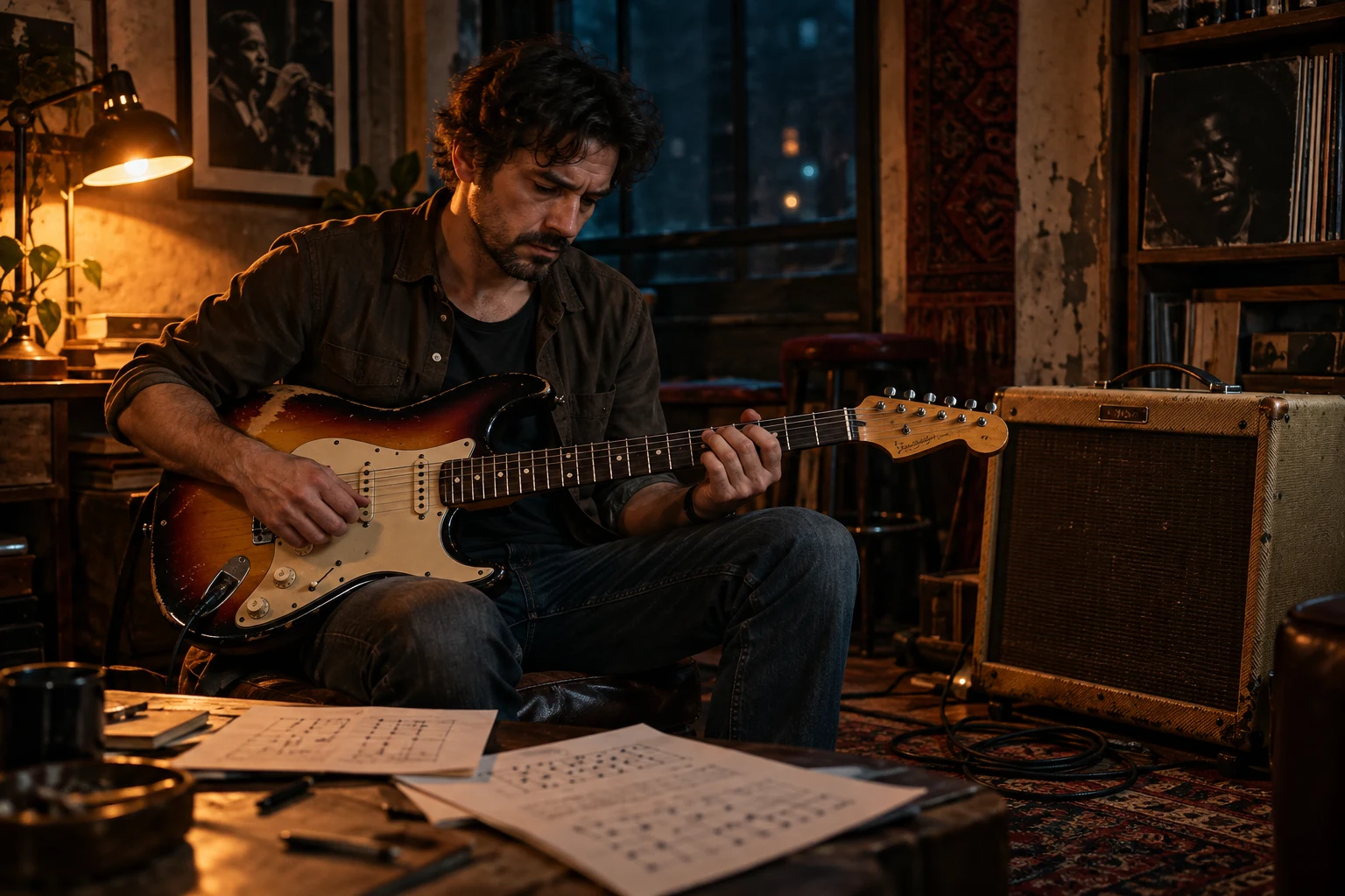 Guitarrista em um ambiente vintage, praticando e procurando uma direção para seu som — cena ilustrativa